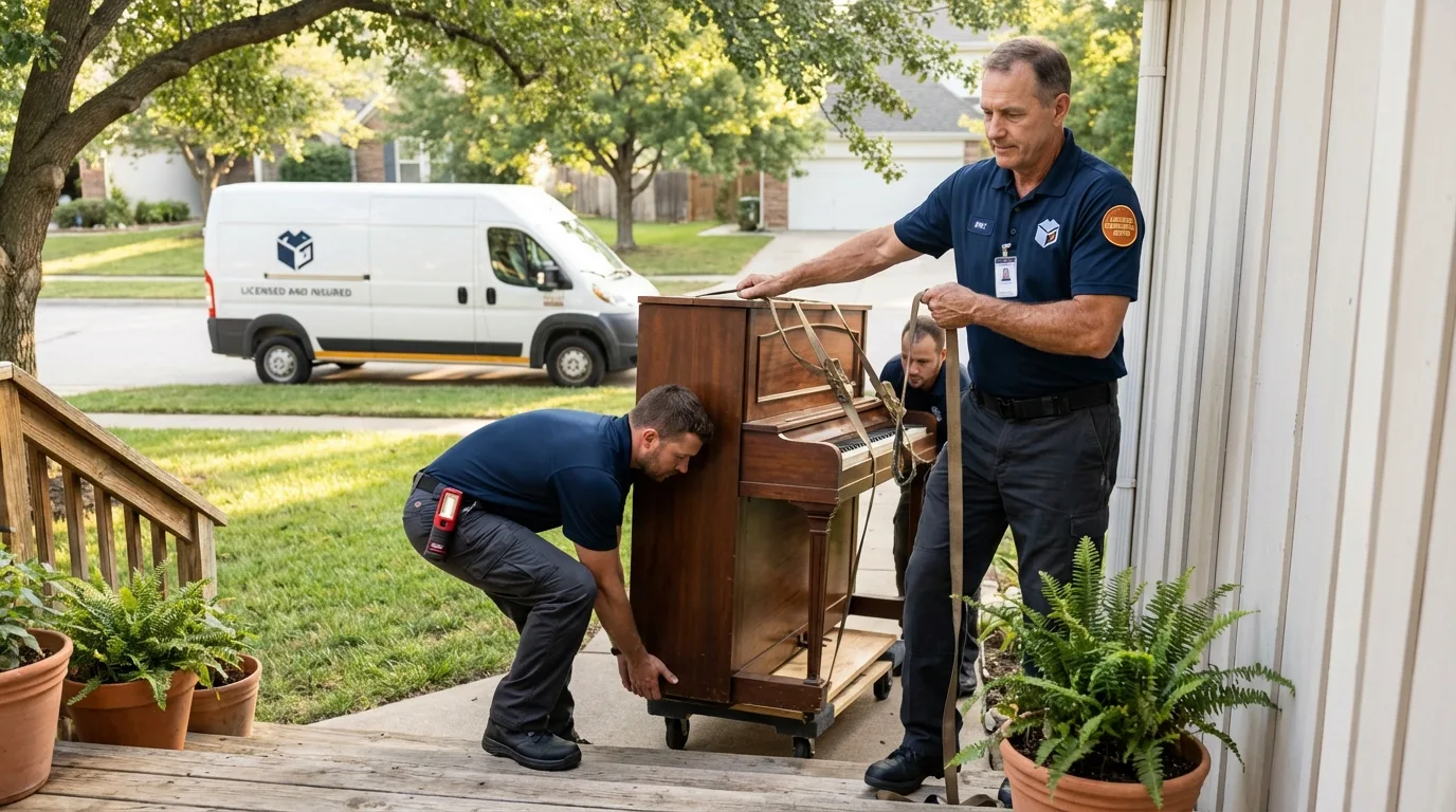 Licensed piano movers securing grand piano in Fulton, MD
