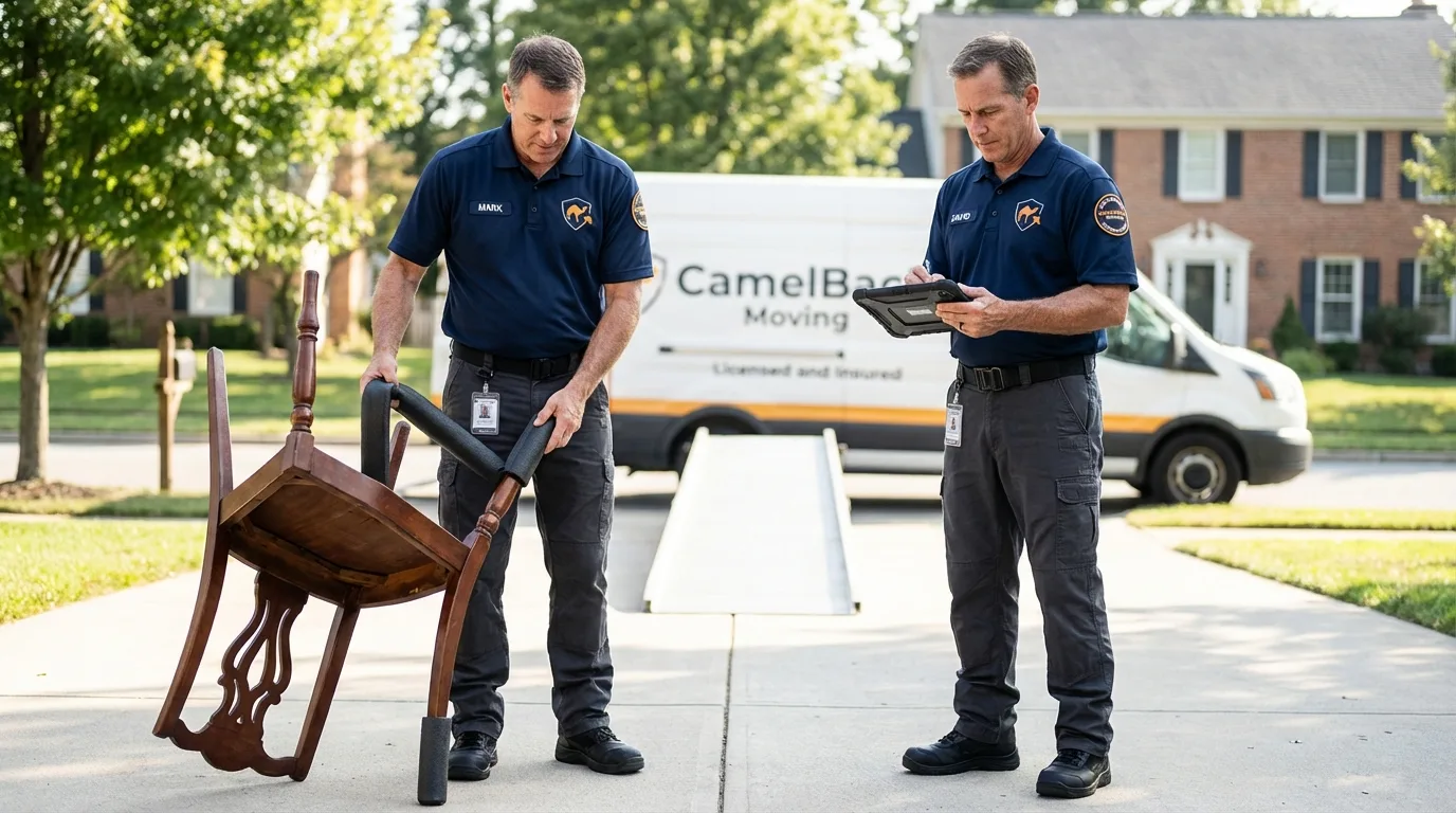 Movers inspecting furniture for damage prevention before loading in Fulton, MD
