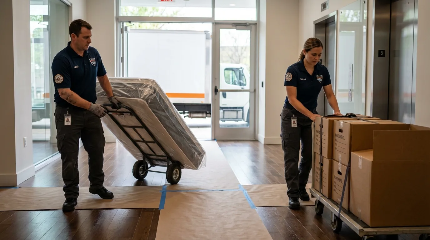 Professional apartment movers loading elevator in Fulton, MD